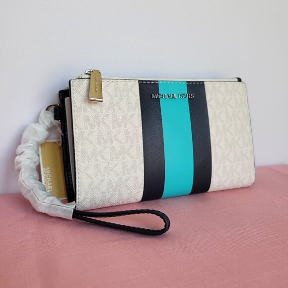 MICHAEL KORS Jet Set Double Zip Signature Phone Wristlet- Ocean Blue Multi 🎈⭐ - Picture 4 of 16